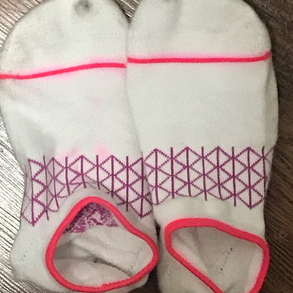 Worn No-Show Athletic Socks with Pink Accent and Purple Pattern